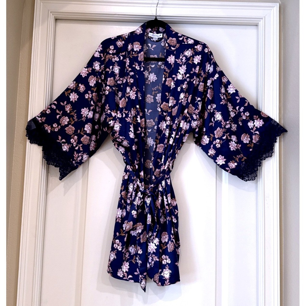 In Bloom Navy Blue Floral Lace‎ Trim Kimono Robe XL MDD130